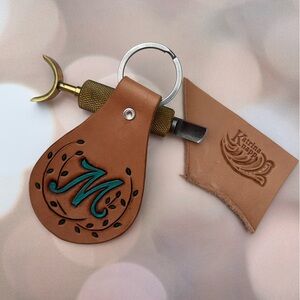 Hand-Tooled Leather Keychain with Letter M, Key Fob hand painted, Turquoise M